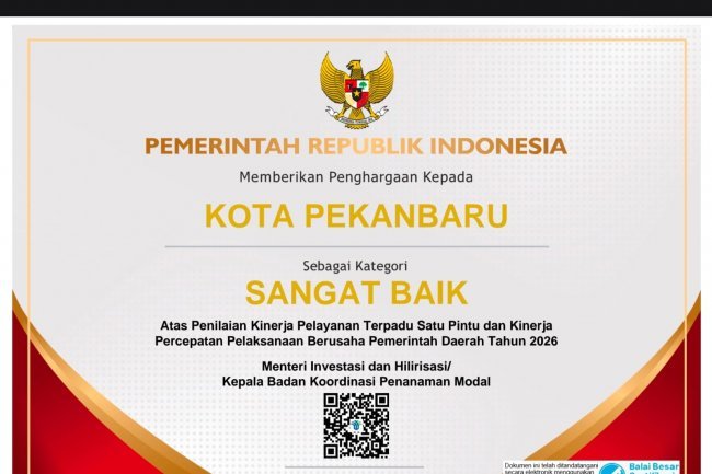 Pemko Pekanbaru Kembali Raih Penghargaan Nasional, Kali Ini Sabet Predikat Sangat Baik untuk Iklim Investasi